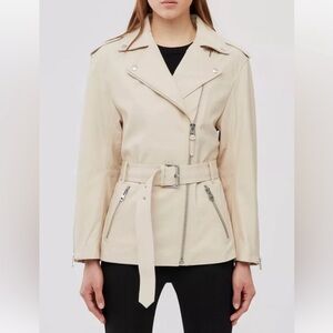$1290 Mackage Womens SABINA Leather Biker Jacket with Cinch Belt  Cream